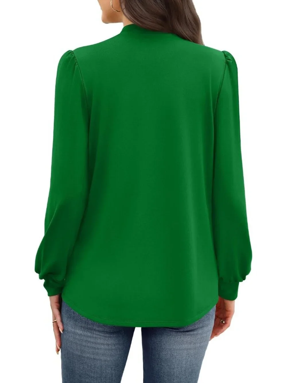 Women's Green Long Sleeve Shirt Pleated Front Blouses Dressy Mock Neck Top